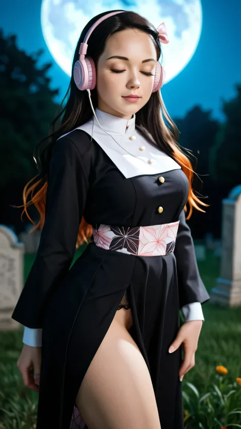 Nezuko Kamado /  KIMETSU NO YAIBA, Bicolor fur,   A woman   ,  long hair,   eyes closed,  very serious look,  listening to music with headphones in her ears, she opted for a mini nun dress, lace,    medium breasts ,  No apto para el trabajo,   fat ass,   t...