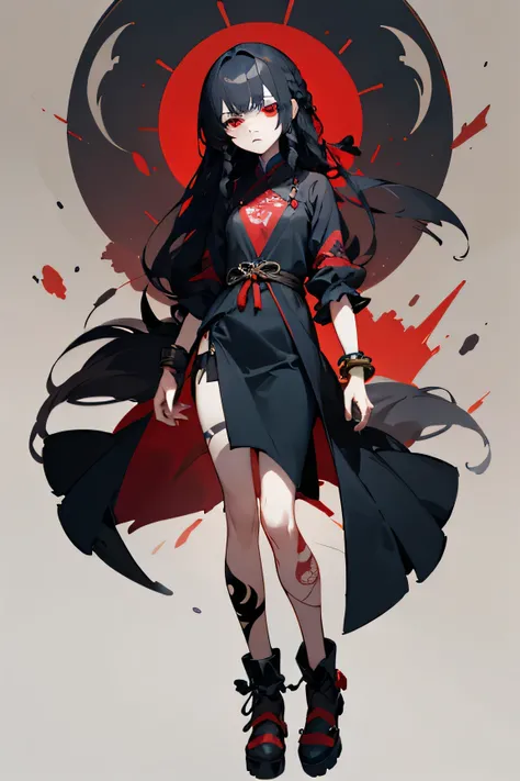 Alone, girl, the Korean Eastern style,  Animated illustration, full body, animation style, character design, 2D, Black, Frill, dark hair , long hair, red eyes, horror, standing,  magic, Red eyes, black hair, bangs, 160cm, skinny body shape, expressionless ...