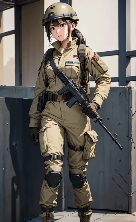  a female special soldier 、Front 、Patrol with guns、 wearing a steel helmet 、Wearing a beige military uniform 、 Double Oblique Belt  、Tactical shoulder strap、Magazine Pouch，Gloves、Military Pants、Knee pads， write details、  masterpiece、 质量最优 、High precision C...