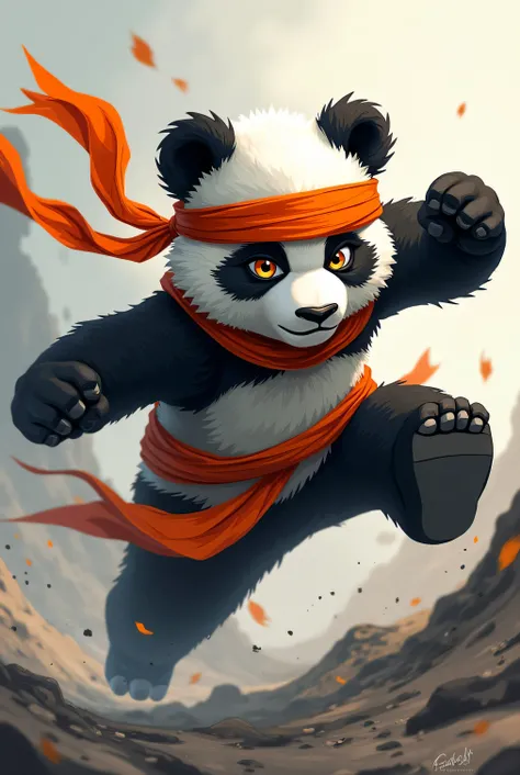 Create a ninja panda for me, com faixa orange na testa,  using the colors , orange, therefore, white and gray anime style, Bottomless