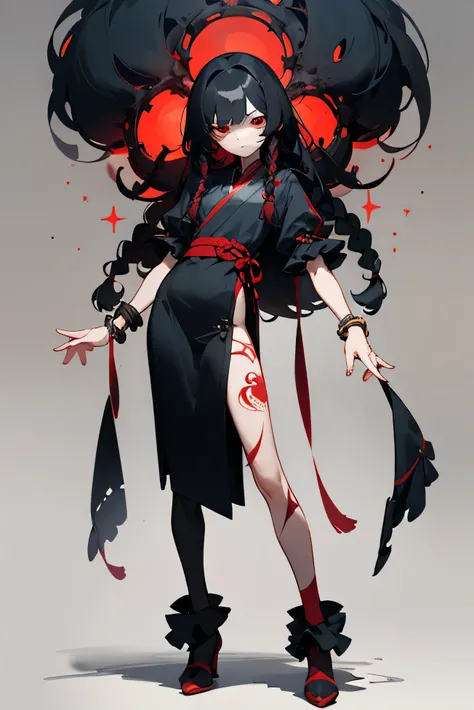 Alone, girl, the Korean Eastern style,  Animated illustration, full body, animation style, character design, 2D, Black, Frill, dark hair , long hair, red eyes, horror, standing,  magic, Red eyes, black hair, bangs, 160cm, skinny body shape, expressionless ...