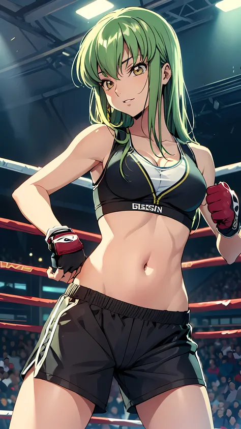 code Geass_anime, C.C., lime hair and gold eyes, long hair, 1 person, Bright light, vivid green hair, (masterpiece, Highest quality), 8k, Intricate details, (sports bra:1.5, sports short pants:1.5, fingerless gloves:1.3, sleeveless, medium breast, cleavage...