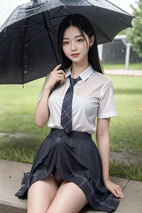 masterpiece、 top quality、Girl 1、 very detailed　  black hair　wet shirt、 Plaid Long Skirt、 skirt flip、underwear　 soft thighs　Rainy Town、 Uniforms、sunbathing in the rain 、Erection under clothes