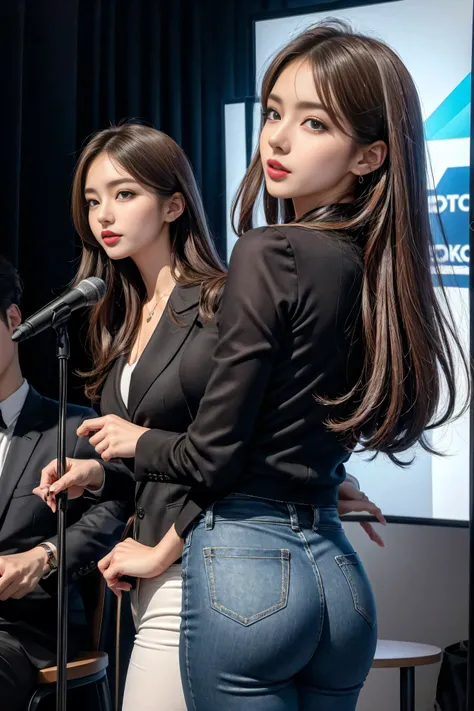 （8k，Highest quality， masterpiece，practical， super detailed：1.3），（1 girl， beautiful Korean girl ,  K-pop idol），（Black suit jacket：1.2），（White skinny trousers：1.1），（ Serious Expression ：1.2）discuss，（speech，Handheld Microphone：1.2）（crowd，audience：1.3），（Sexy l...