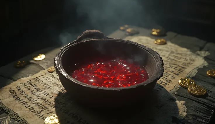 A clay bowl full of bright red liquid. She stands on an oak table among gold coins and paper covered with Scandinavian runes. cold lighting