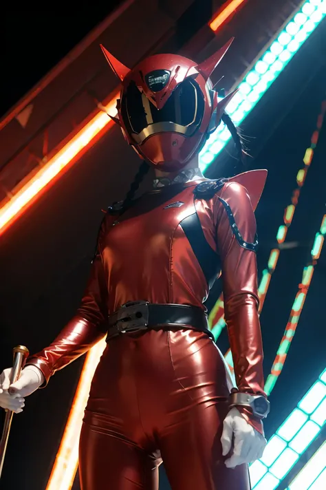 1girl, solo, 8K， Top，hentail realism、Front lighting，Kamen Rider Scarlet_Sun。Metallic body，Crimson shone with a silver glow、Wear a deformed belt、Burn with a righteous heart, She follows the minions of evil々Defeat。The fighting intensified、The last enemy appe...