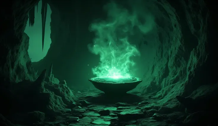 A clay bowl full of bright green liquid. The bowl stands on a stone in a dark cave. Sharp stones, The liquid glows in the dark and exudes steam.. cold lighting