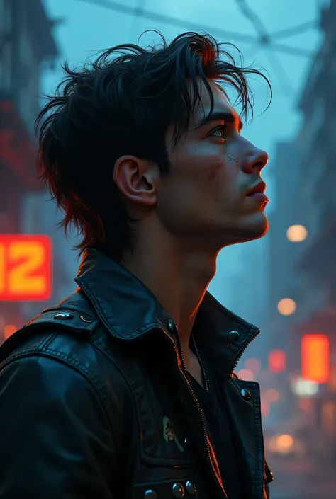 An extremely detailed digital portrait of Axel Kane, a young runner in a dystopian world. He is in profile, looking up with an expression that mixes determination and mystery. His masculine beauty is striking and slightly worn down by the environment in wh...