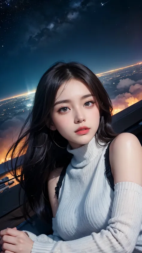 ai_kase, (Pitch black with no lighting:1.5),(A clear night sky with multiple nebulae clearly visible:1.2), (Top of a hill with a great view), (A beautiful girl looking at a nebula from the summit), (A dim night sky with twinkling stars), (Beautiful girl Ly...