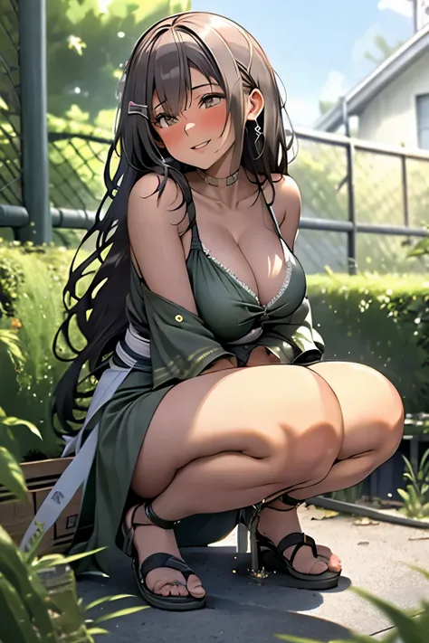 ( best quality), (masterpiece),  1 girl, Early 20s, smile, japanese woman,  (big heavy breasts:1.5) , huge Breasts,  plump breasts, thick, thick lips,  wide hips,  Thin Waist,  cute_   camisole_top, GREEN 03 , 緑色の   camisole,シルクの   camisole,  squatting, pe...