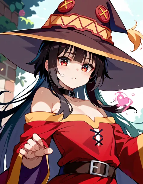 Megumin、 Flirty Anime Witch Casting Magic 、Konosuba anime style、 anime style 4k、 anime moe art style 、 cute girl anime visual、Black Haired Mage 、 bigger chest