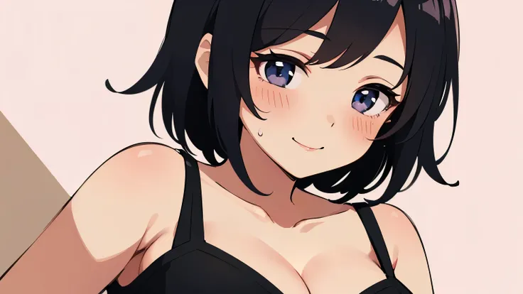 A cute solo girl with black hair wearing a camisole and very sweaty. Plain background. Highest quality. Focus cleavage. Bust-up illustration. Expression: very blush and smile.