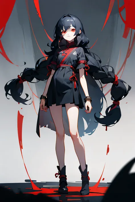 Alone, girl, the Korean Eastern style, expressionless eyes,  Animated illustration, full body, animation style, character design, 2D, Black, Frill, dark hair , long hair, red eyes, horror, standing,  magic, Red eyes, black hair, bangs, 160cm, skinny body s...