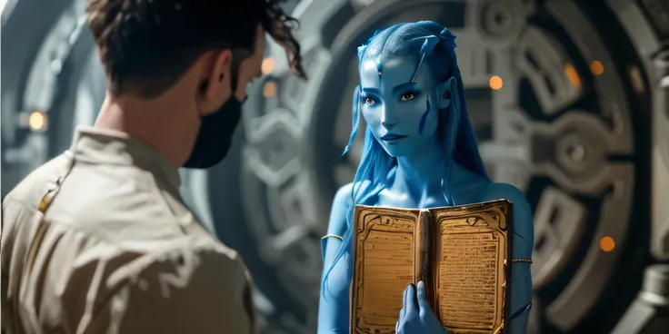 a woman dressed in blue holding a book in front of a man, still from a fantasy movie, movie still of the alien girl, in a scifi movie, realistic cosplay, depicted as a scifi scene, from a 2 0 1 9 sci fi 8 k movie, beautiful avatar pictures, fantasy and cos...