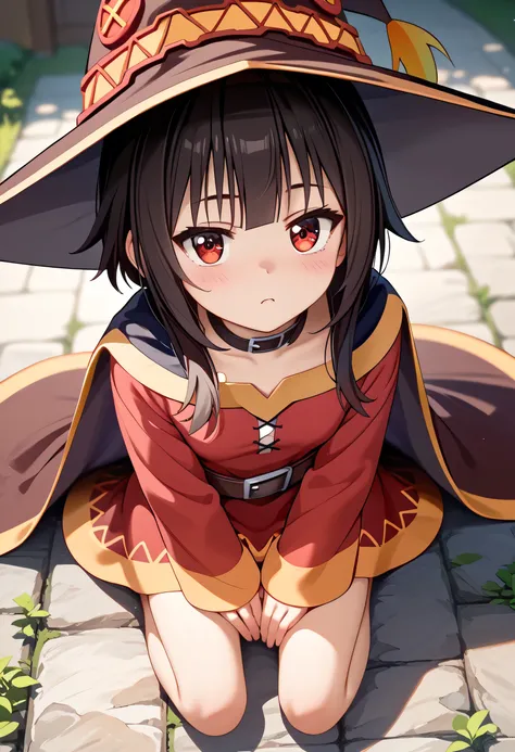 anime girl wearing a witch hat、Megumin、 Flirty Anime Witch Casting Magic 、Konosuba anime style、 anime style 4k、 anime moe art style 、 cute girl anime visual、Black Haired Mage , looks up、Viewer view from above、