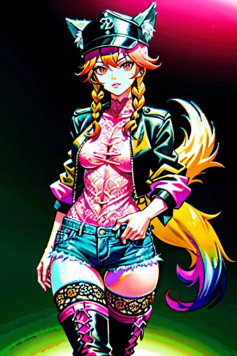 (best quality:2.0), (crisp:2.0), (highres:2.0), (((a rich yellow and pink gradient wolf tail:2.0))), anime, full body:2.0, (single image), (solo beautiful lady:2.0), (masterpiece:2.0), (detailed face:2.0), (detailed eyes:1.4), ((denim shorts:2.0)), ((thick...