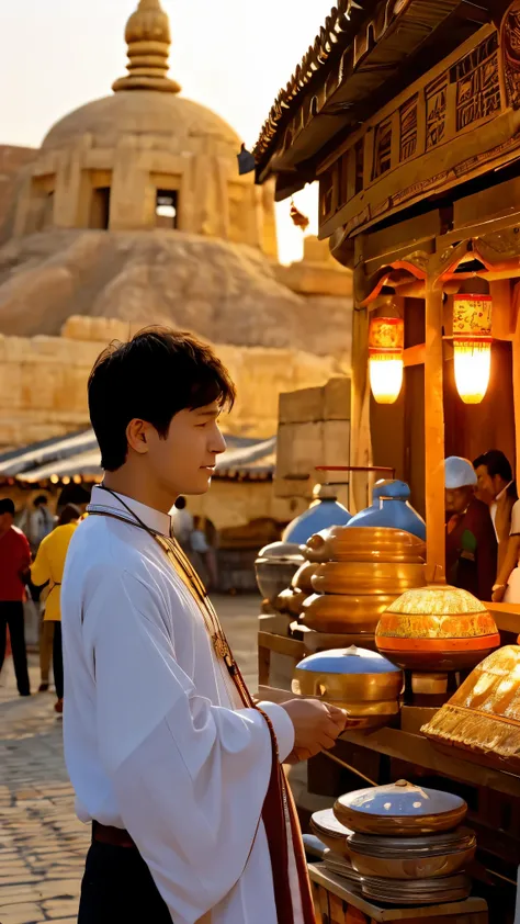 An ancient Indian city at sunset , The streets are filled with bright colors : merchants sell fabrics , spices and ornaments , lights made of glowing lamps create a soft golden glow . In the foreground, a man in simple traveler clothes looks closely ...