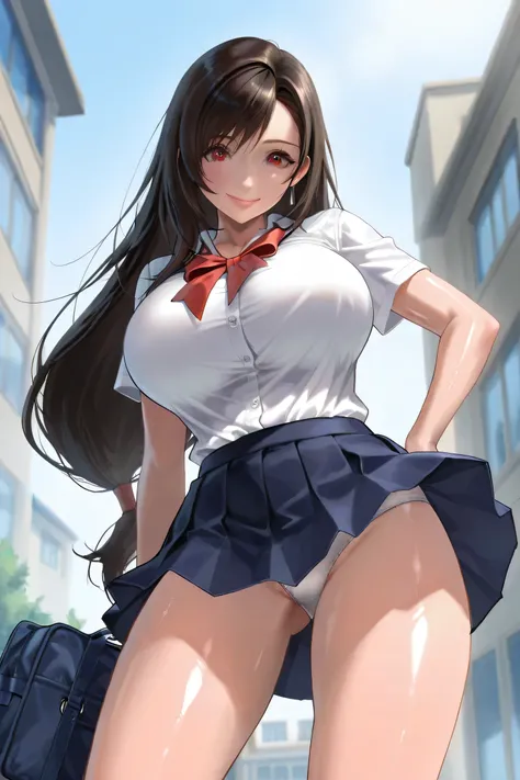  ultra-detailed,  beautiful eyes, best quality, master piece, Final Fantasy,Tifa,school uniform,Very short skirt,Panty shot , huge breasts, ((shiny skin)) , whiplump thighs,school building , smile, dynamic pose