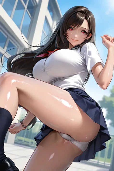  ultra-detailed,  beautiful eyes, best quality, master piece, Final Fantasy,Tifa,school uniform,Very short skirt,Panty shot , huge breasts, ((shiny skin)) , whiplump thighs,school building , smile, dynamic pose