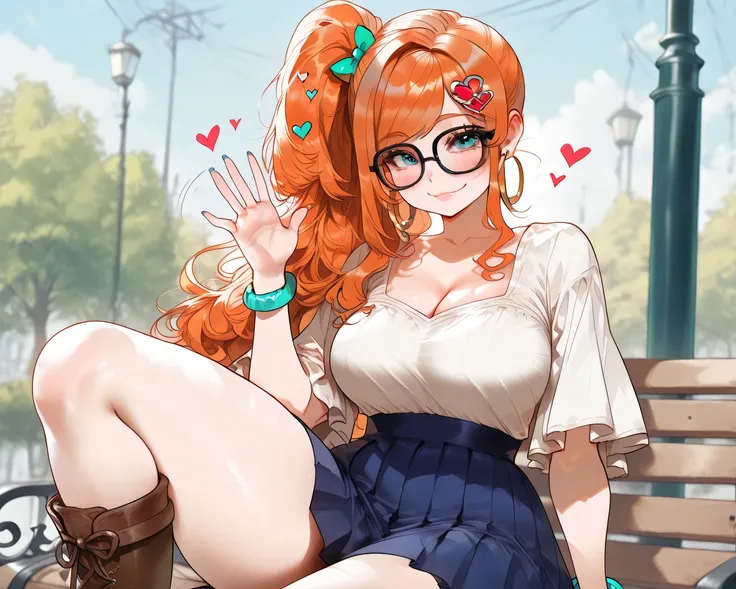 Pokemonsonia, aqua eyes, heart, heart-shaped hair ornament, long hair, orange hair, right side ponytail, swept bangs, aqua nails, black glasses on her head, tortoiseshell framed glasses, has a blue skirt, has a white blouse with a low neckline, blue bracel...