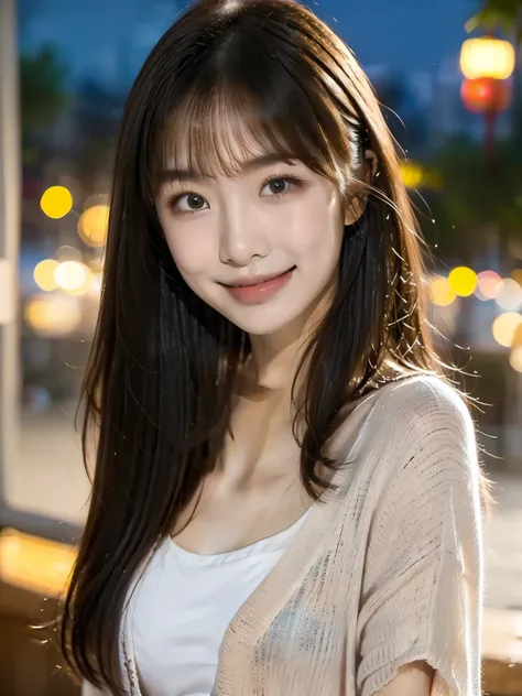 1 girl in the best, high resolution, look, wearing a Chinese dress, illumination,night view long hair, bangs between eyes, small breasts, smiles, shooting test model , show a smile
