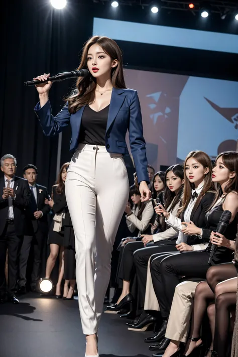 （8k，Highest quality， masterpiece，practical， super detailed：1.3），（1 girl， beautiful Korean girl ,  K-pop idol），（Black suit jacket：1.2），（White skinny trousers：1.1），（ Serious Expression ：1.2）discuss，（speech，Handheld Microphone：1.2）（crowd，audience：1.3），（Sexy l...