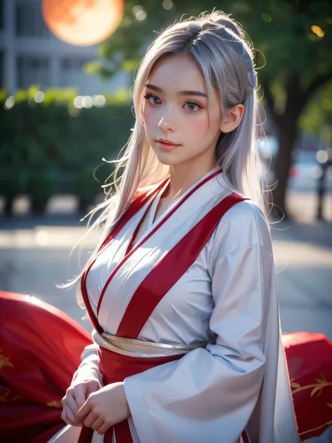 a very beautiful woman with silver hair and smooth long hair, white skin, red eyes, wearing a stylish white and red kimono, in a beautiful full moon scenery, protected by the white big fox god, (best quality,4k,8k,highres,masterpiece:1.2),ultra-detailed,(r...