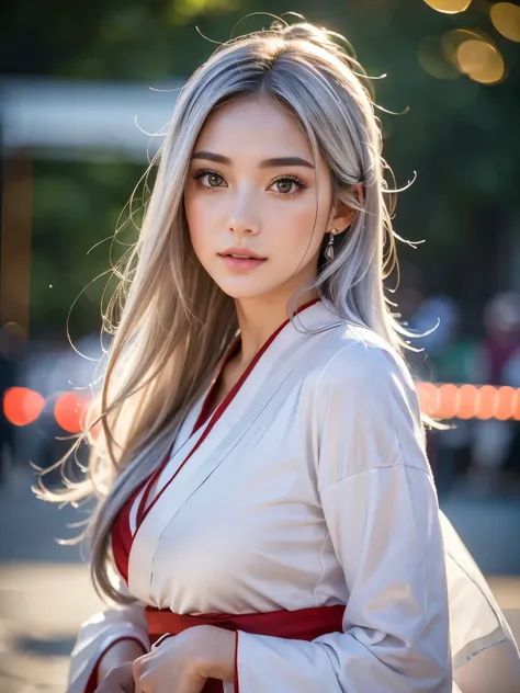 a very beautiful woman with silver hair and smooth long hair, white skin, red eyes, wearing a stylish white and red kimono, in a beautiful full moon scenery, protected by the white big fox god, (best quality,4k,8k,highres,masterpiece:1.2),ultra-detailed,(r...