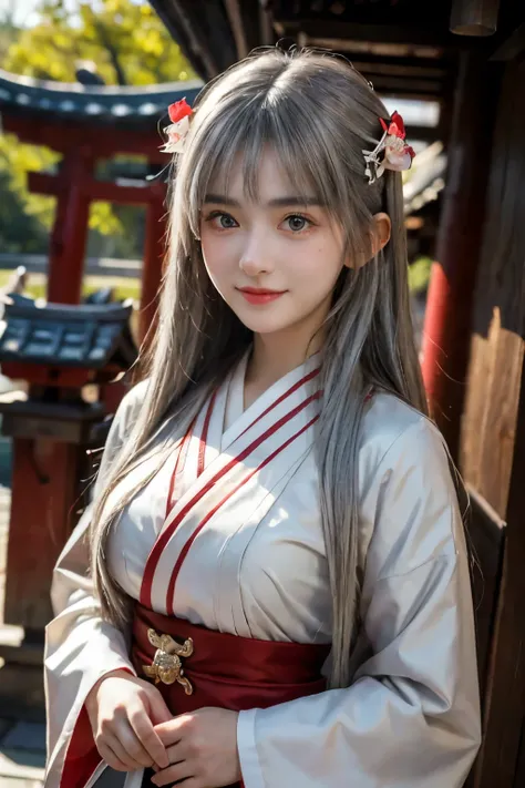 masterpiece, best quality , very detailed,photo realistic, realistic, ultra high resolution, Masterpiece, beautiful girl, teenager,Light grey hair, Straight Hair , perfect eyes, so cute,smile,Shrine maiden,Kohaku Shrine Maiden Outfit ,shrine,torii,Outdoo...