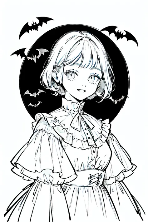 Bumper 1 ,woman, sharp fangs, no background,Precision, high definition,masterpiece, classic dress, portrait, Bats , cute,Black and White,2D