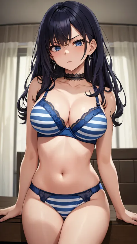  top quality、  top quality、Masterpiece、  beauty(Age 25)、Dark blue long hair、 blue eyes、(striped lace bra 、 striped lace underwear)、 big breasts 、(Big Breasts )、 angry face、 navy blue choker 、 sexy pose、 earrings