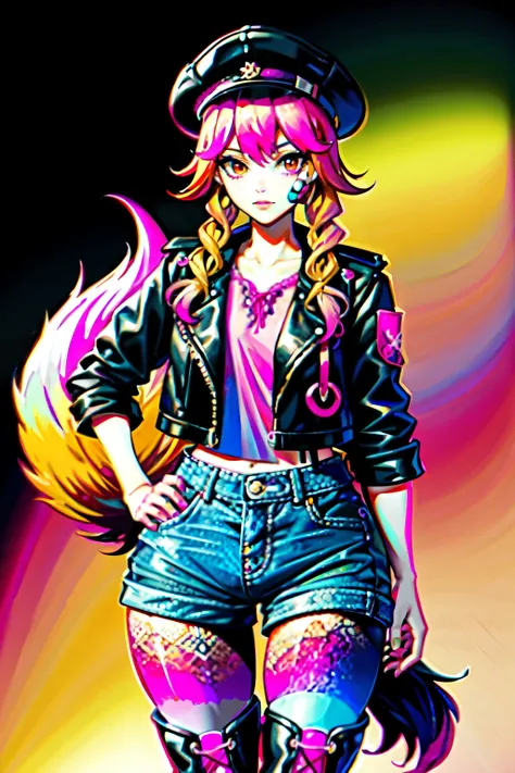 (best quality:2.0), (crisp:2.0), (highres:2.0), (((a rich yellow and pink gradient wolf tail:2.0))), anime, full body:2.0, (single image), (solo beautiful lady:2.0), (masterpiece:2.0), (detailed face:2.0), (detailed eyes:1.4), ((denim shorts:2.0)), ((thick...