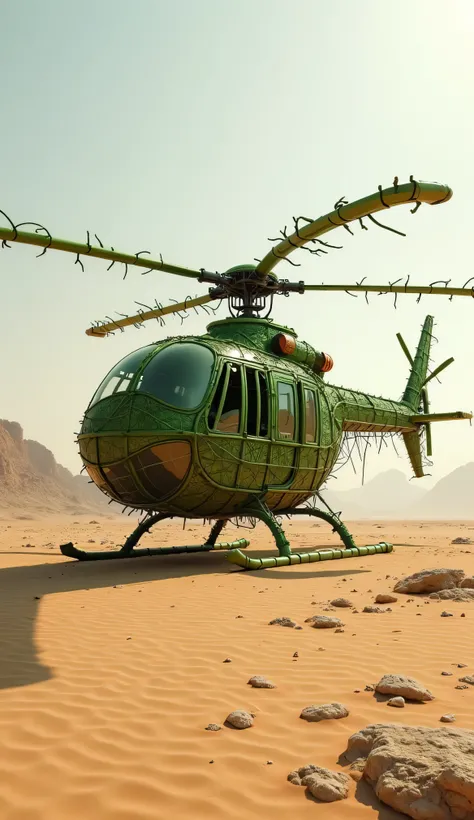 A helicopter fully made from green bamboo like all part and wings in standing   desert 