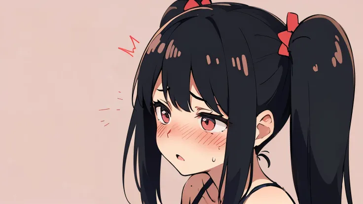 A cute solo girl with black hair pigtails. wearing a camisole and very sweaty. Plain background. Highest quality. Focus small cleavage. Bust-up illustration. Expression: very blush and embarrassed.