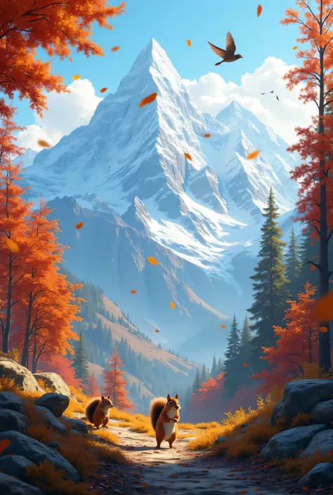 A mountain landscape in autumn.  The background has snowy mountains under a clear blue sky .  Small details like squirrels climbing trees ,  birds in flight and falling leaves add dynamism .