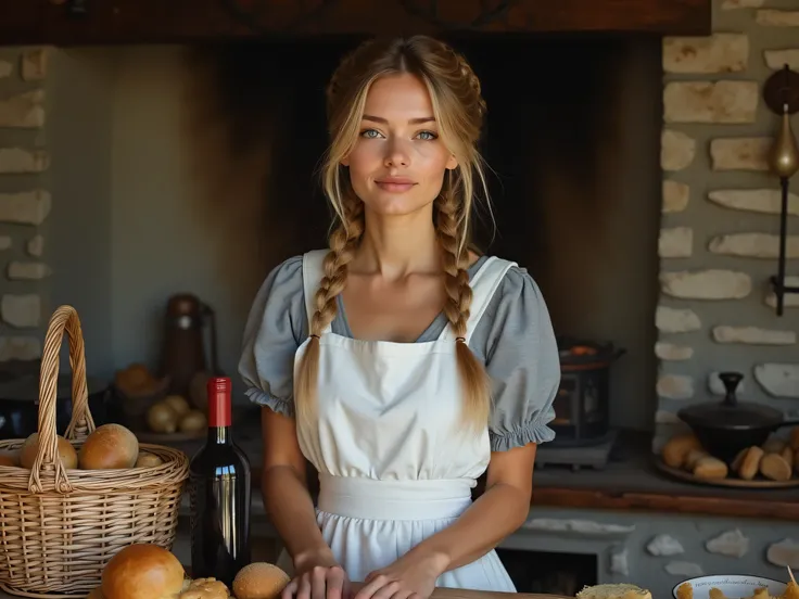 (masterpiece), best quality, 1woman (30 years old ), with beautiful eyes, perfect face, long dark blond hair, updo hairstyle with braids, light colored skin , wearing a grey dress, and a white apron, standing in an old country kitchen , preparing a picnic ...