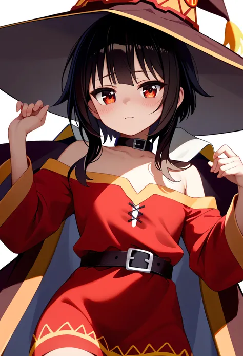 Megumin、 Flirty Anime Witch Casting Magic 、Konosuba anime style、 anime style 4k、 anime moe art style 、 cute girl anime visual、Black Haired Mage 、 bigger chest
