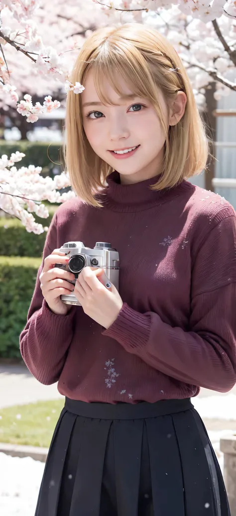 (  blonde, ,   ultra beautiful girl :1.5), ( sweater, skirt:1.3), (18 years old:1.3), break, (snowing, cherry blossoms,  Snowing :1.3), break, Shy laugh:1.3, baby face, Super Beautiful Eyes     , (  symmetrical eyes :1.3), break, ( Ultra  is present Skin:1...