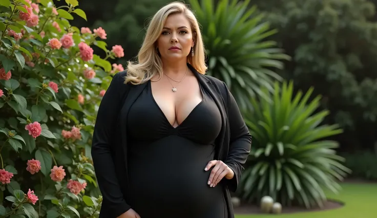 a beautiful and sexy white American woman, with huge breasts. wearing a tight suit, sexy curves . cô ấy 52 tuổi. Background là khu vường