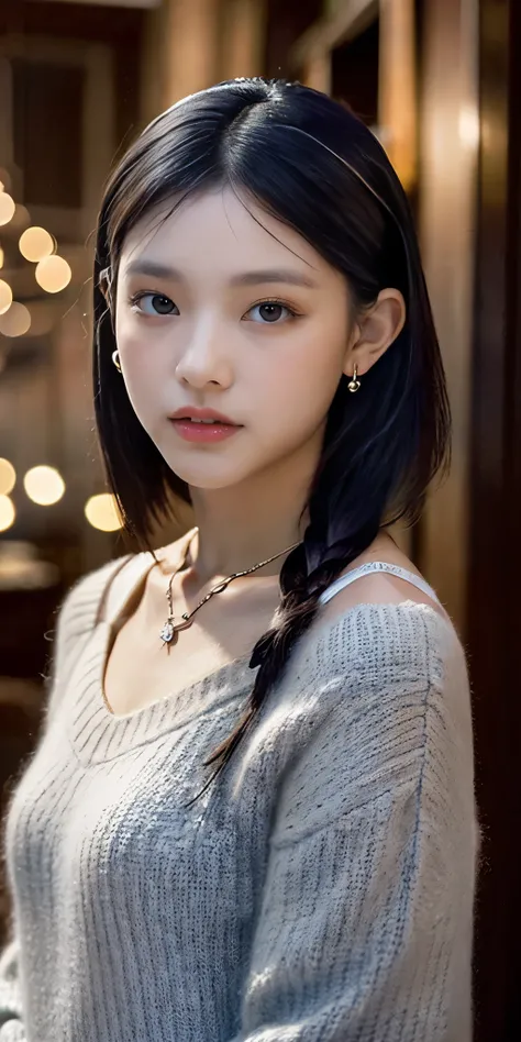 A charming portrait of a young woman with sleek, jet-black hair tied into a half-up hairstyle, leaving soft strands framing her face. Her expressive almond-shaped eyes are highlighted by her natural makeup, while her glossy lips add a touch of sophisticati...