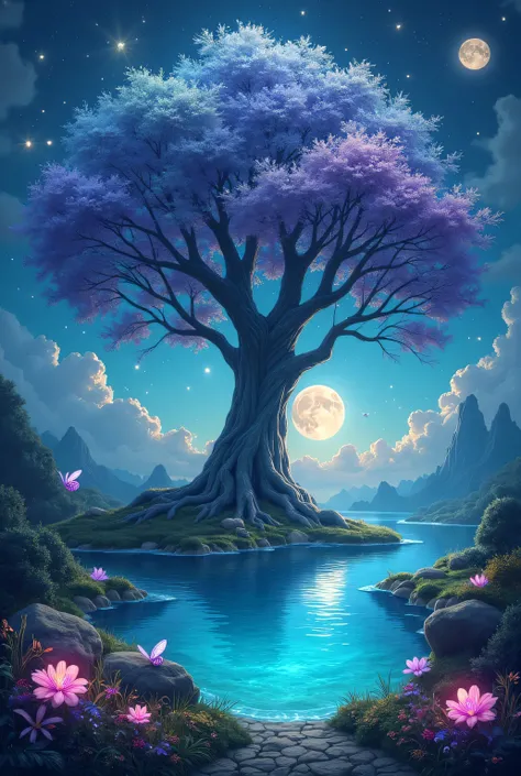  A fantastic landscape with a huge central tree whose leaves shine with iridescent colors.  Around the tree ,  a crystalline lake reflects the light of a sky full of two moons and bright stars .  Small magical creatures like fairies with translucent wings ...