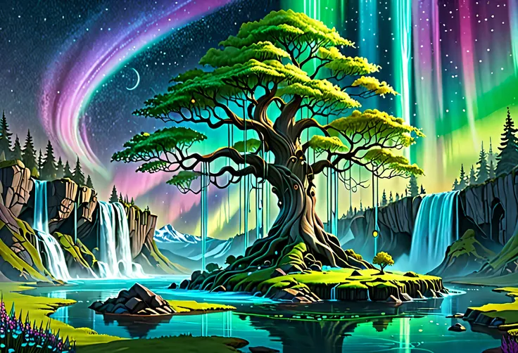 Floating island tree with waterfall and aurora lights ,  Concept art inspired by Cyril Roland,   Art Station Contest Winner ,  Fantasy Art,  fantasy tree , Tree of Life, Yggdrasil, Magic Tree, Surrealism 8k,   surreal concept art  ,  Surreal Gediminas Plan...