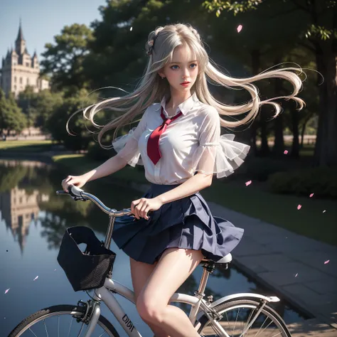 (( girl riding an antique and simple bicycle in a lakeside park))、Fluorescent color、 one girl 、Look to the side、Beautiful Face、 beautiful eyes、(Big Blue Eyes)、( Silver Dull Eyes ) (Her body lines are clear due to strong winds ）、Shiny Hair、Glowing Skin、Glar...