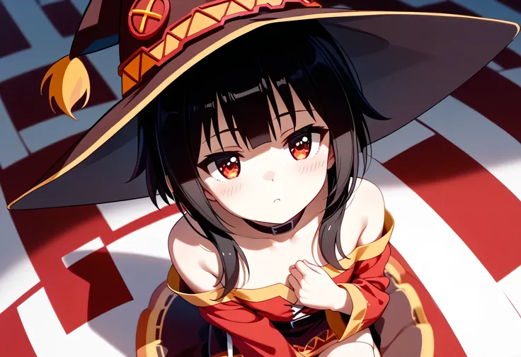 Race Queen、 anime girl wearing a witch hat、Megumin、 Flirty anime witch chanting magic 、Konosuba anime style、 anime style 4k、 anime moe art style 、 cute girl anime visual、Black-haired mage、 red eye、Looking up、Viewers view from above 、 beautiful background,...