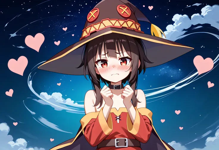 anime girl wearing a witch hat、Megumin、 Flirty anime witch chanting magic 、Konosuba anime style、 anime style 4k、 anime moe art style 、 cute girl anime visual、Black-haired mage、 red eye、 beautiful background, ( starry sky 、 full of hearts ), full body, emb...