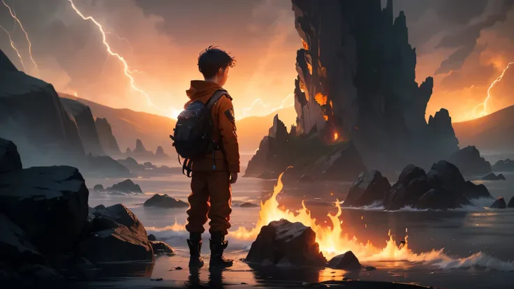 A fantasy world shrouded in darkness, chaotic elements of water, earth, and air clashing violently. A young boy, Kael, with glowing orange flames in his hands, stands determined on a rocky cliff, symbolizing hope. The scene is illuminated by the warm light...