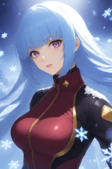 masterpiece, high score, great score, absurdres Kula Diamond \(king of fighters\), blue hair, hime cut, purple eyes, gloves, (1girl), (detailed face:0.8), (detailed eyes:0.8), snowflake, high resolution, 8k wallpaper, Distinct, magical atmosphere, beautifu...