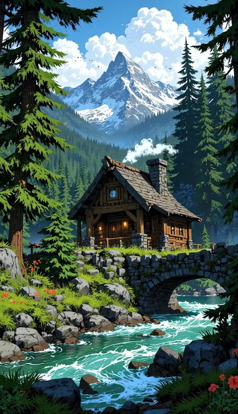 Cabin with trees and a beautiful river next door.