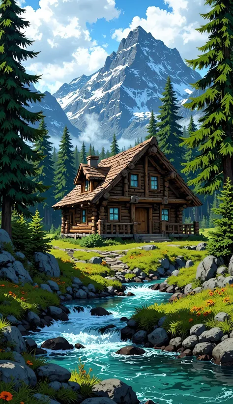 Cabin with trees and a beautiful river next door.
