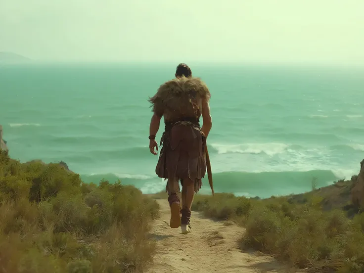 Create a realistic image of Hercules walking towards the viewer, with the vast ocean in the background. The scene is set in the plains of Crete, with green, low vegetation and the greenish sea visible in the distance. Hercules from the front wearing leathe...